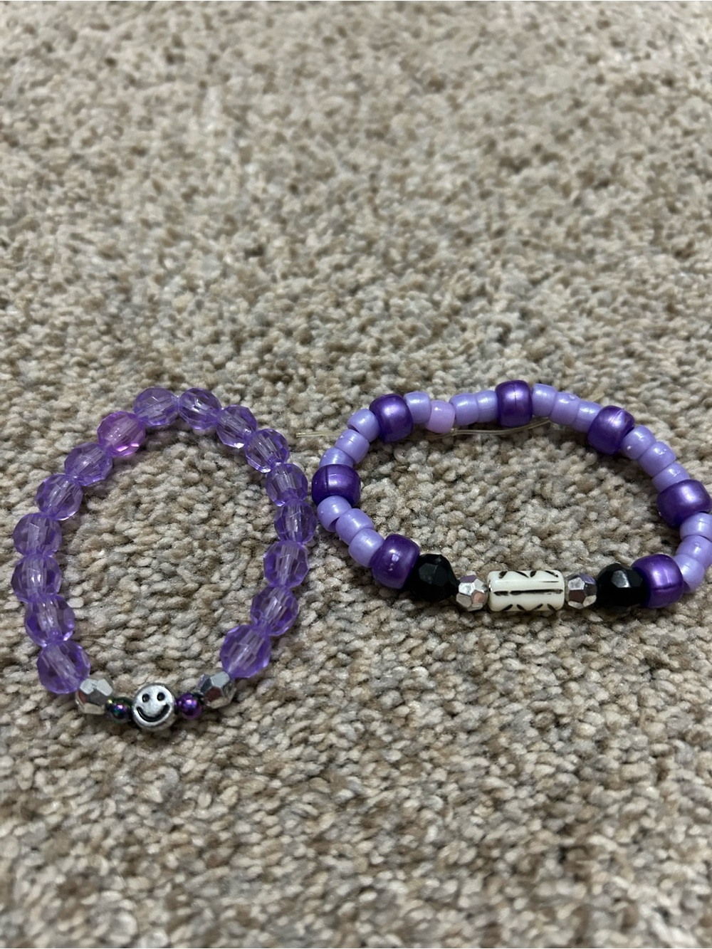 Handmade Purple Beaded Bracelet Set with Smile Charm